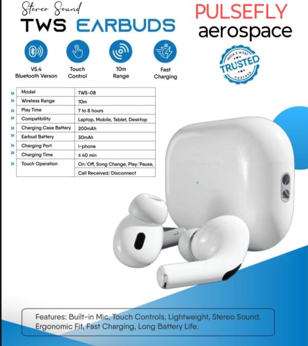 TWS-08 True Wireless Earbuds with Lightning Charging | Bluooth v5.4 | 7–8 Hours Playtime | Touch Controls | Ergonomic Fitet - Image 5
